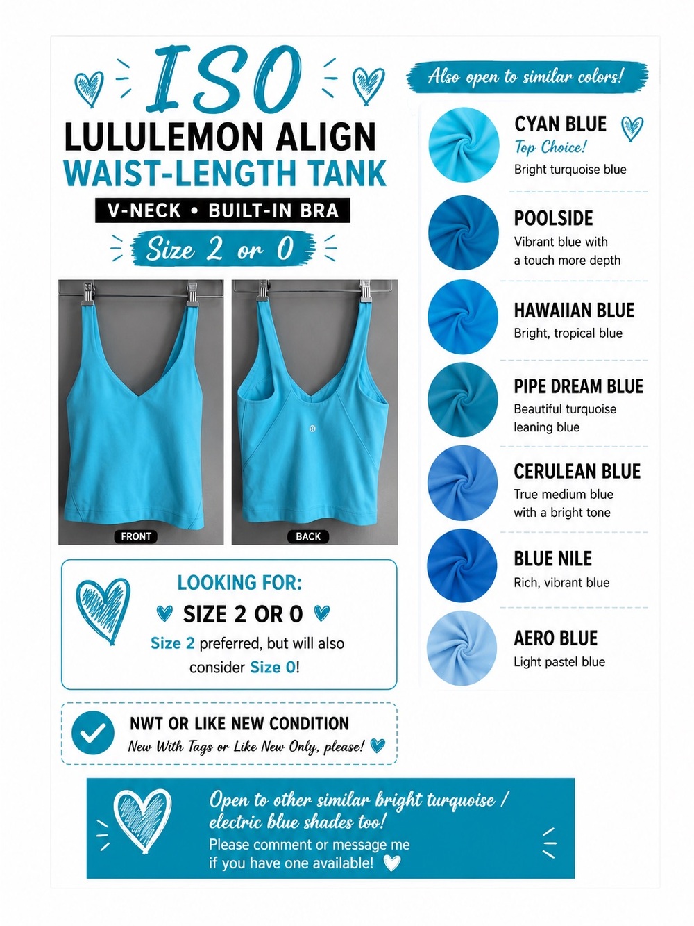 🩵 ISO: Lululemon Align Waist-Length Tank Size 2/0 Cyan Blue
